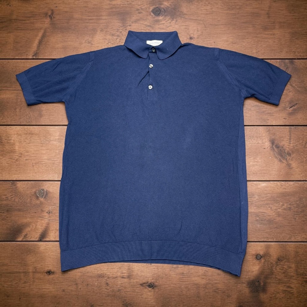 John Smedley Mens Blue Knit Polo Shirt Short Sleeve Made in England Size L